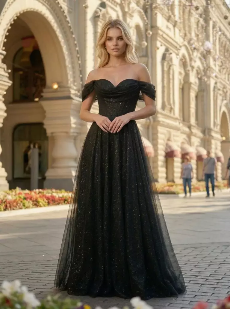 Чёрное вечернее блестящее платье